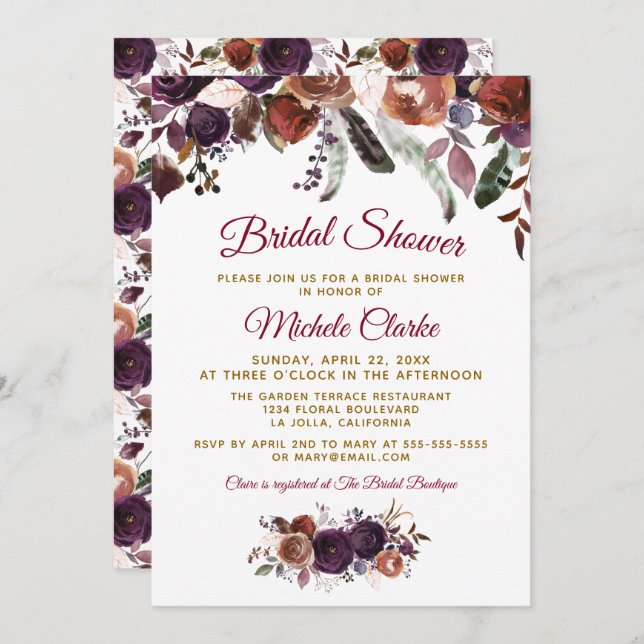 Boho Burgundy Brautparty Einladung (Vorne/Hinten)