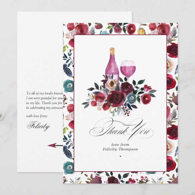 Boho Burgundy & Dusty Blue Themenwelt Bachelorette Dankeskarte (Vorne/Hinten)