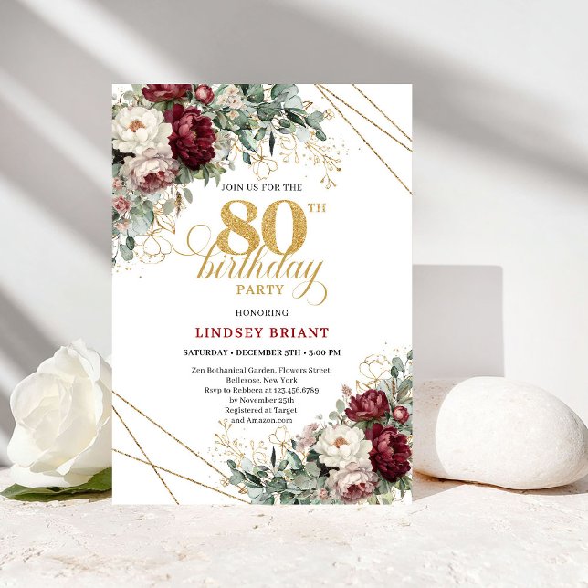 Boho Burgundy Eucalyptus Floral 80th Birthday Einladung (Boho Burgundy Eucalyptus Floral 80th Birthday)