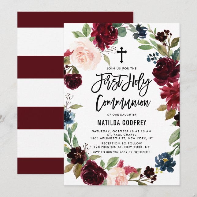 Boho Burgundy Fall Blumenreath Erste Kommune Einladung (Vorne/Hinten)