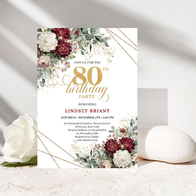 Boho Burgundy Floral 80th Birthday Invitation (Boho Burgundy Floral 80th Birthday)