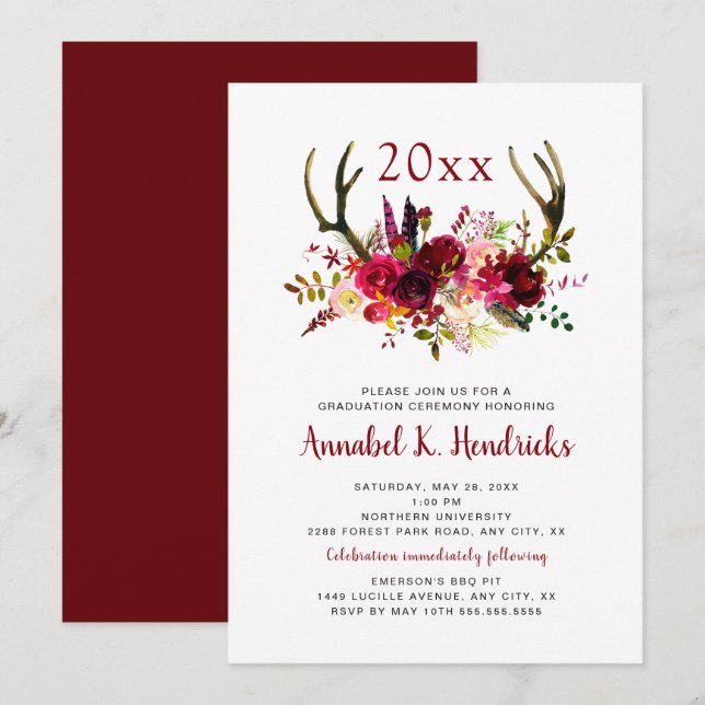 Boho Burgundy Floral Antlers Abschluss Einladung (Vorne/Hinten)
