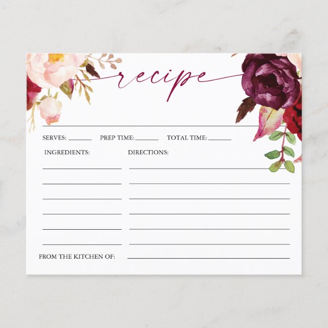 Boho Burgundy Floral Brautparty Rezept Card (Vorderseite)