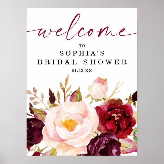 Boho Burgundy Floral Bridal Shower Welcome Sign Poster (Vorne)