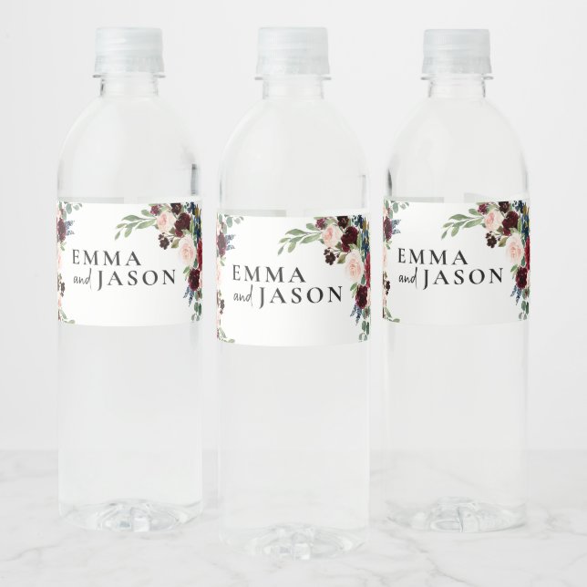 Boho Burgundy Floral Hochzeitwasser Flasche Etiket (Flaschen)