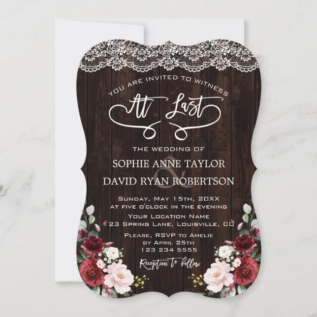 Boho Burgundy Floral Lace Handwriting Wedding Einladung (Vorderseite)