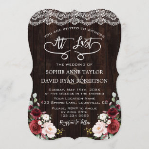 Boho Burgundy Floral Lace Handwriting Wedding Einladung