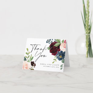 Boho Burgundy Floral Mariage Carte de remerciement