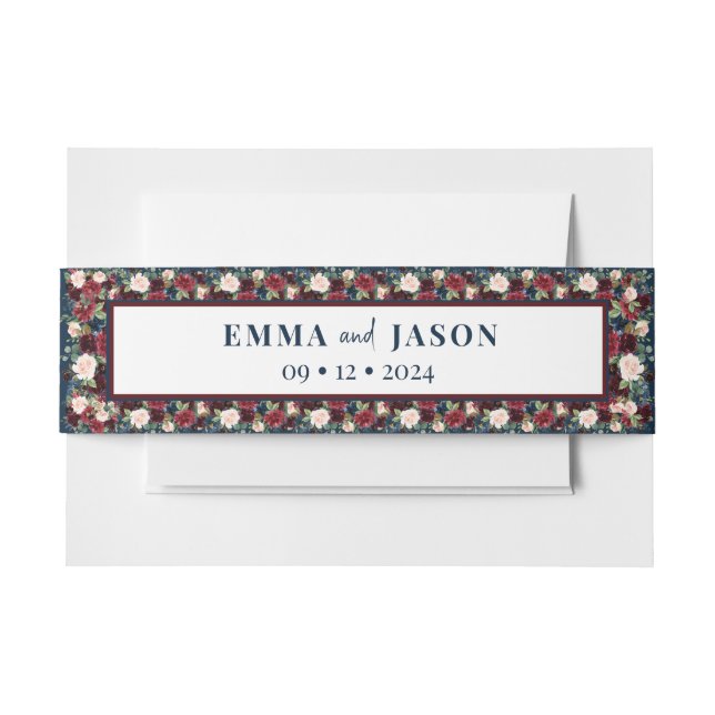 Boho Burgundy Floral Navy Einladung Bauch Band (Vorderseite Beispiel)
