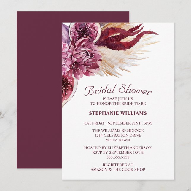 Boho Burgundy Floral Pampas Grass Brautparty Einladung (Vorne/Hinten)