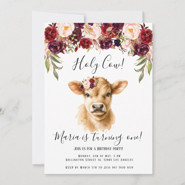 Boho Burgundy Floral Peony Highland Cow Birthday Einladung (Vorderseite)