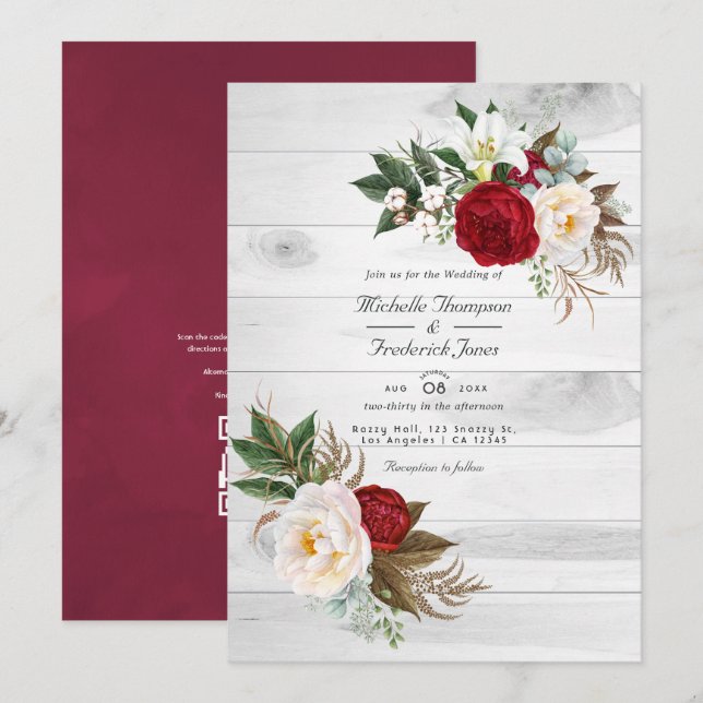 Boho Burgundy Floral QR Code UAWG Bohemisch Weddin Einladung (Vorne/Hinten)