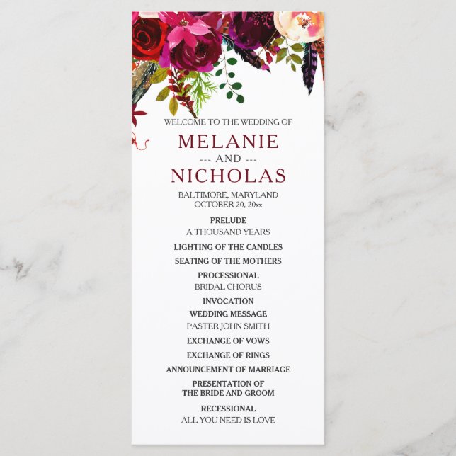 Boho Burgundy Floral Wedding Program, 3979 Programm (Vorderseite)