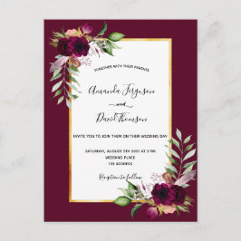 Boho burgundy florals Gold Einladung zur Hochzeit Postkarte