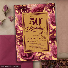 Boho Burgundy Gold Floral 50. Geburtstag Einladung