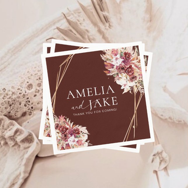 Boho Burgundy & Gold Frame Wedding  Serviette (Von Creator hochgeladen)