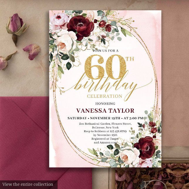 Boho Burgundy Gold Oval Floral 60th Birthday Card Einladung (Boho Burgundy Gold Oval Floral 60th Birthday)