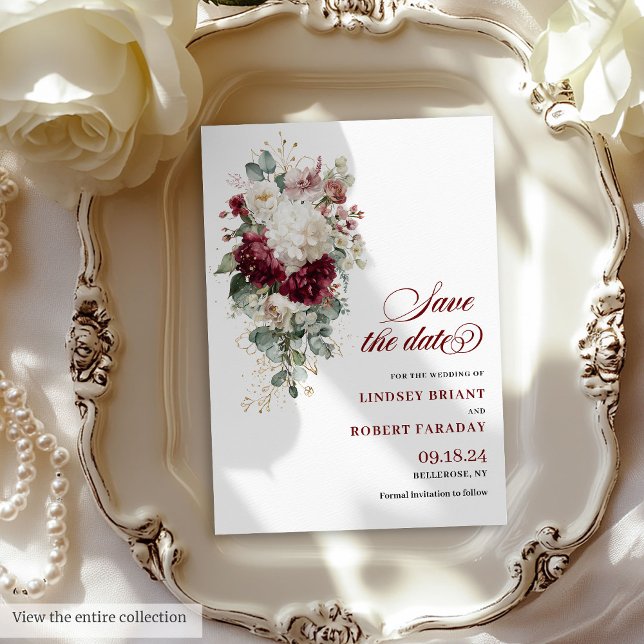 Boho burgundy goldene Rose Save the Date Hochzeit Einladung (Boho Burgundy White Floral Save The Date Card)