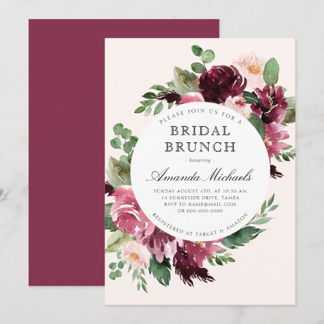 Boho Burgundy Greenery Floral Bridal Brunch Dusche Einladung (Vorne/Hinten)