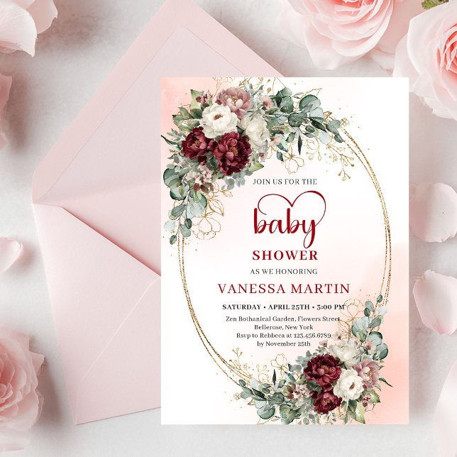 Boho Burgundy Greenery Heart-Shaped Font Baby Show Einladung (Boho Burgundy Greenery Heart-Shaped Font Baby Shower Invite)