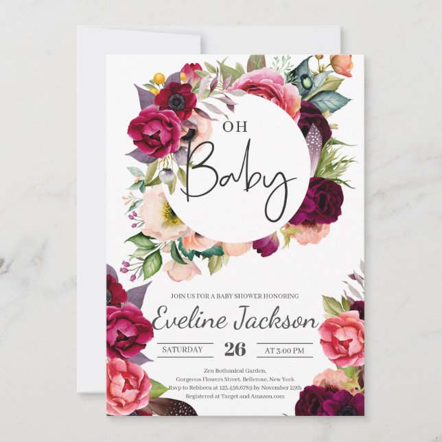 Boho Burgundy Maroon Florals Baby Showeinladung Einladung (Vorderseite)