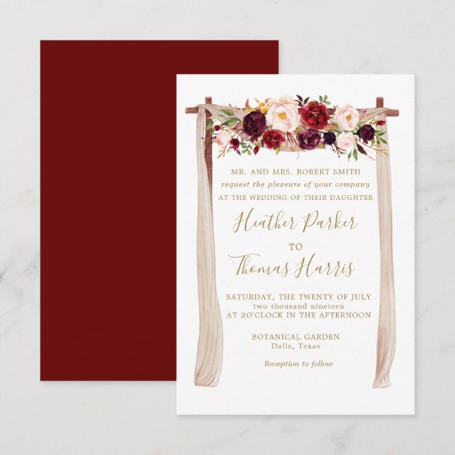Boho Burgundy Marsala Floral Arch Wedding Einladung (Vorne/Hinten)