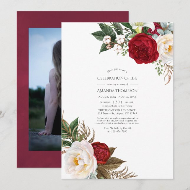 Boho Burgundy - Marsala Floral Feier des Lebens Einladung (Vorne/Hinten)