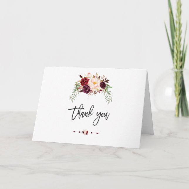 Boho Burgundy Marsala Floral Handwriting Vielen Da Dankeskarte (Vorderseite)