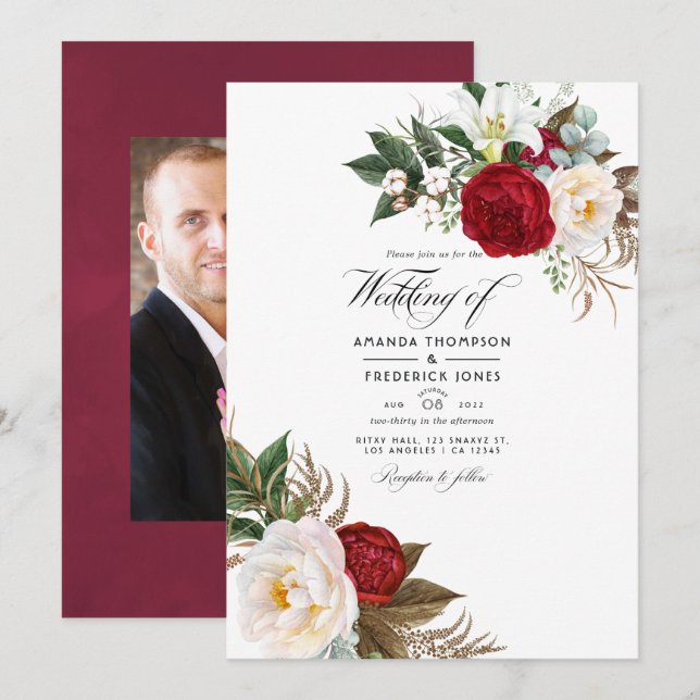 Boho Burgundy - Marsala Floral Wedding Foto Einladung (Vorne/Hinten)