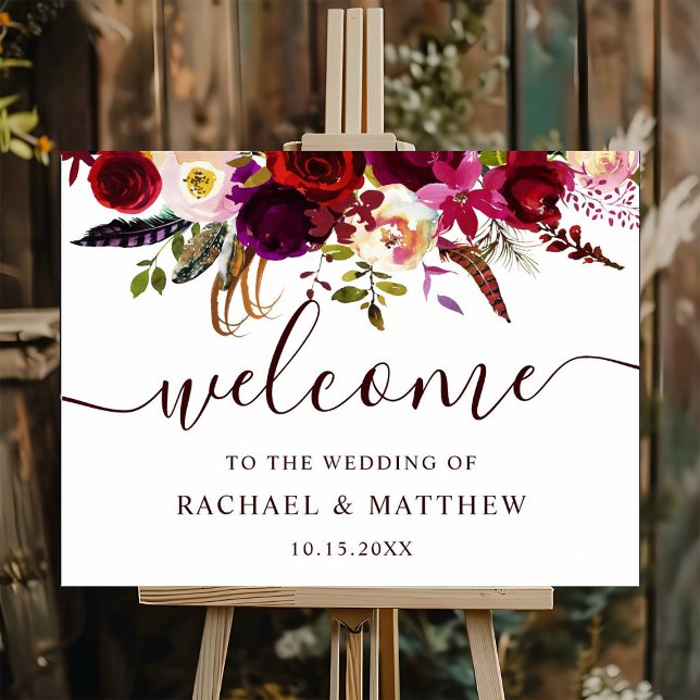 Boho Burgundy Marsala Floral Wedding Welcome Sign Poster (Von Creator hochgeladen)