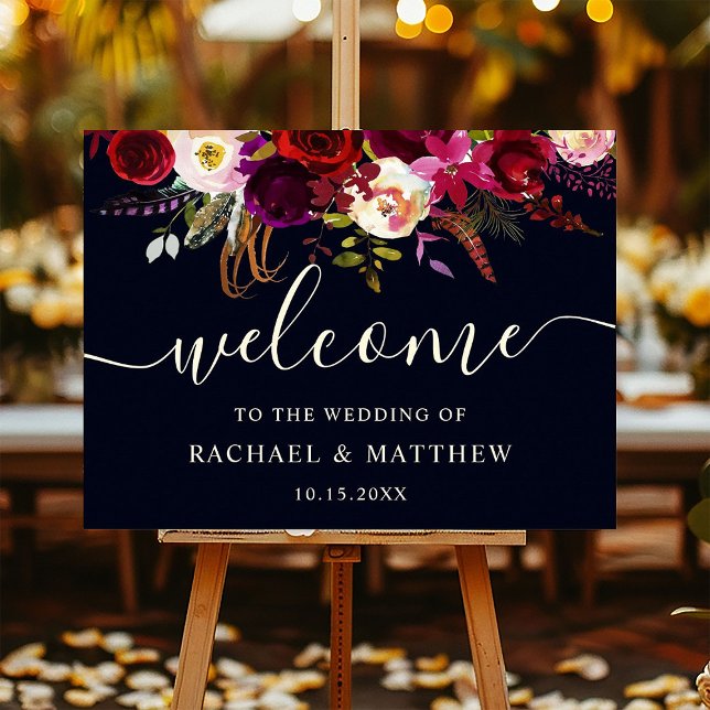 Boho Burgundy Marsala Floral Wedding Welcome Sign Poster (Von Creator hochgeladen)