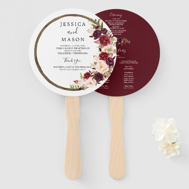 Boho Burgundy Marsala Wedding Fan Programm Fächer (Vorne und Hinten)
