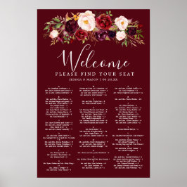 Boho Burgundy Marsala Wedding Seating Chart Sign Poster