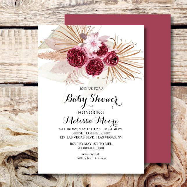 Boho Burgundy Pampas Grass Baby Shower Einladung (Von Creator hochgeladen)