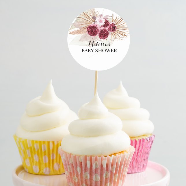 Boho Burgundy Pampas Grass cupcake Toppers Runder Aufkleber (Von Creator hochgeladen)