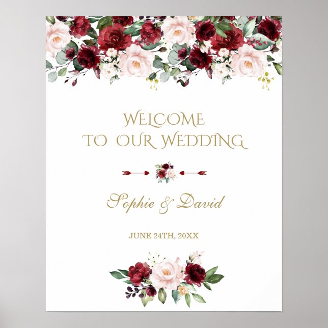 Boho Burgundy Pink Floral Begrüßungszeichen Poster (Vorne)