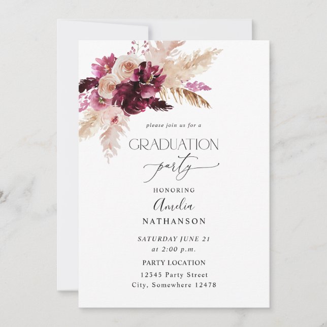 Boho Burgundy & Pink Floral Graduation Party Einladung (Vorderseite)