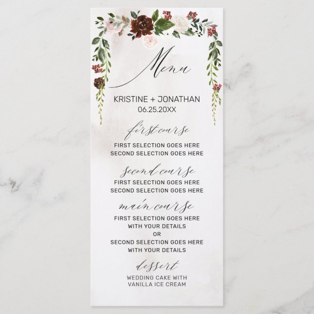 Boho Burgundy Pink Rose Blumenhochzeit Menükarte (Vorderseite)