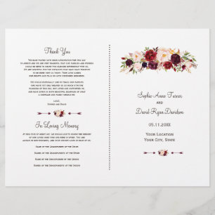 Boho Burgundy Red Marsala Floral Wedding Programme
