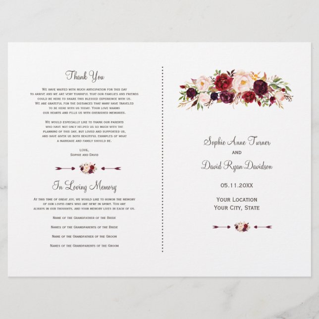 Boho Burgundy Red Marsala Floral Wedding Programme (Devant)