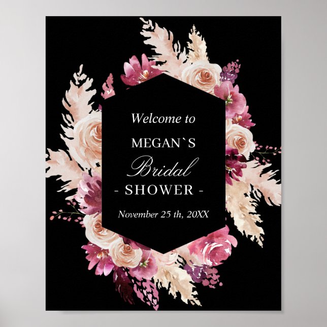 Boho Burgundy Rose Brautparty Frame Poster (Vorne)