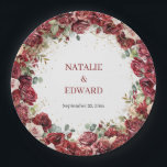 Boho burgundy Rose eucalyptus Wedding Pappteller<br><div class="desc">Modernes Design für Wedding Paper Teller mit Aquarellfarben tiefroten Marsala-Rose und rot rosa Rosenpantoletten gemischt grünen frischen Eukalyptus und gewebt in Imitat goldgestalten. Moderne,  handzeichnend Schrift. Zögern Sie nicht,  mich zu kontaktieren,  um passende Artikel oder Anpassungen zu erhalten. Rose rot ©</div>