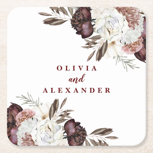 Boho Burgundy Rose fallen Blumenhochzeit Napkins Rechteckiger Pappuntersetzer (Vorderseite)