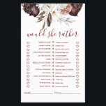 Boho Burgundy Rose fallen Brautparty Game Flyer<br><div class="desc">Wer kennt die Bride Beste Bridal "Wäre sie lieber" Duschspiel. Herbst boho burgundy Rose Design.</div>