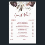 Boho Burgundy Rose fallen Brautparty Game Flyer<br><div class="desc">Wer kennt die Bride besten Bridal "Ratet Wer? "Duschspiel. Herbst boho burgundy Rose Design.</div>