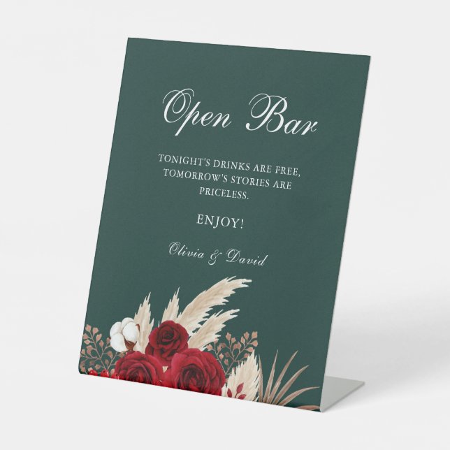Boho Burgundy Rose Pampas Grass Open Bar Sockelschild (Vorderseite)