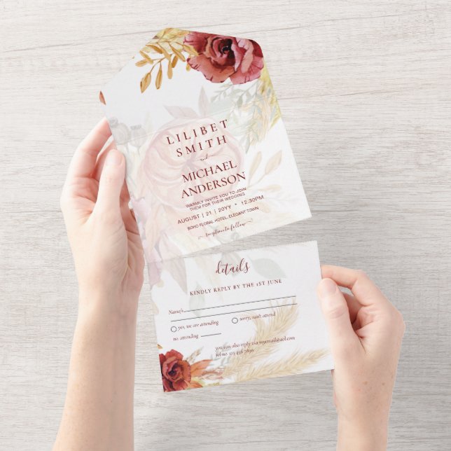 BOHO Burgundy Rose Pampas Grass Wedding All In One Einladung (Abreißen)