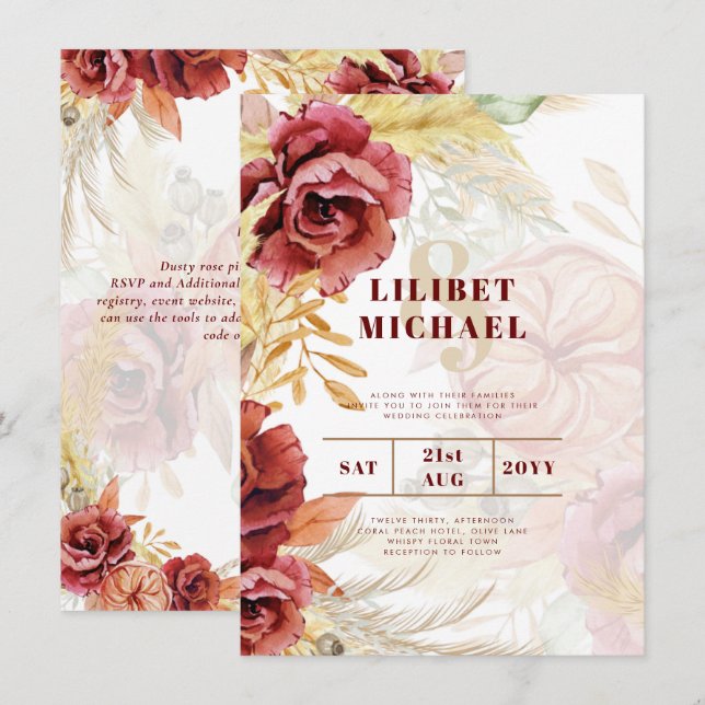 BOHO Burgundy Rose Pampas Grass Wedding Einladung (Vorne/Hinten)