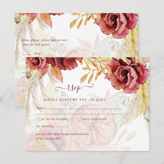 BOHO Burgundy Rose Pampas Grass Wedding Postkarte (Vorne/Hinten)