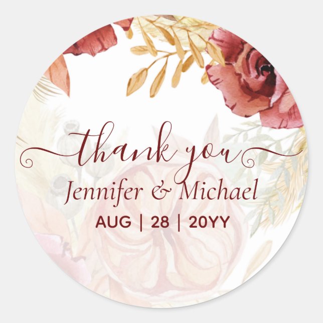 BOHO Burgundy Rose Pampas Grass Wedding Runder Aufkleber (Vorderseite)